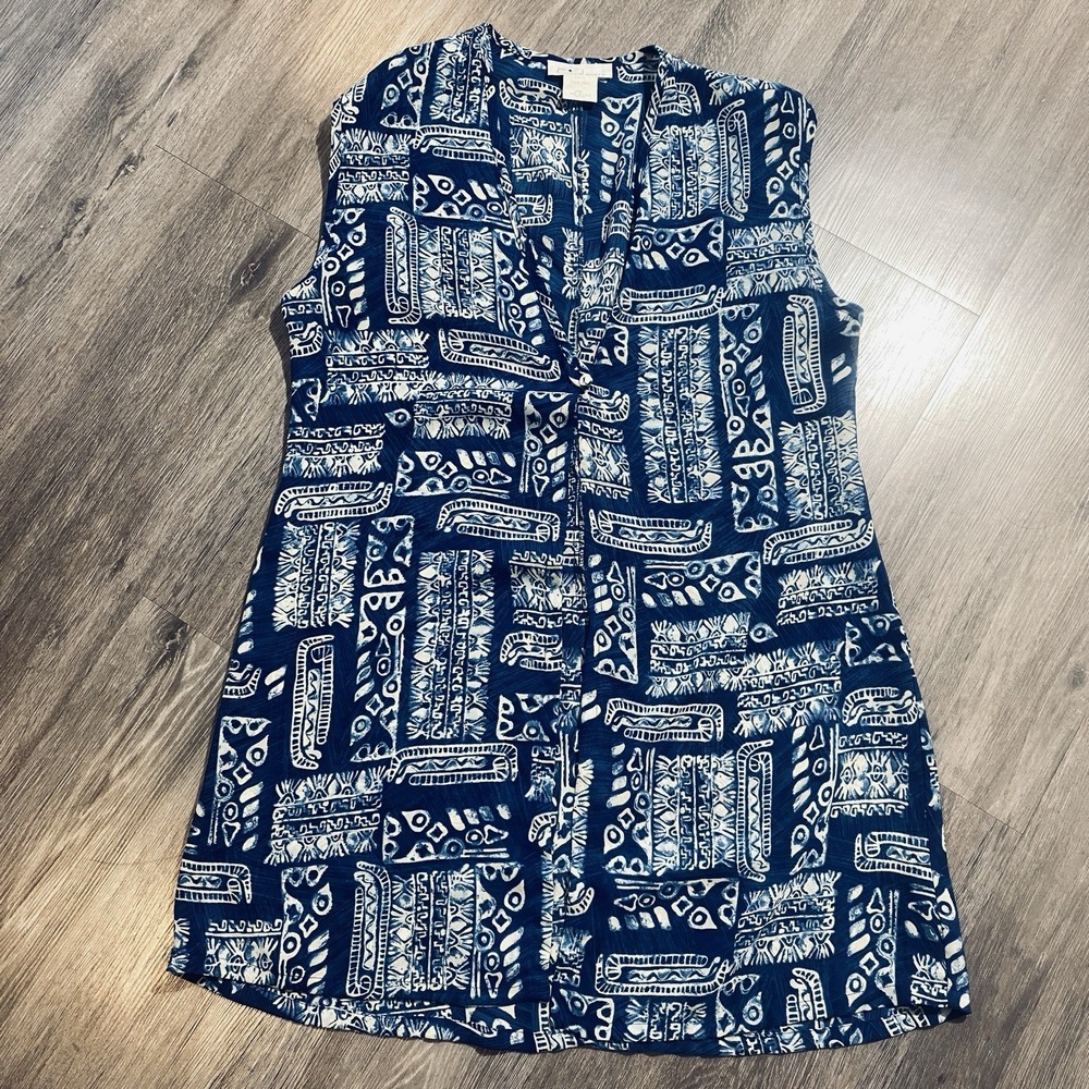 VTG Rated R Blue Tribal Print Sleeveless‎ Blouse Womens Large Made in USA Resort